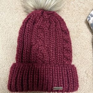 Hollister Burgundy Knit Beanie with Faux Fur Pom